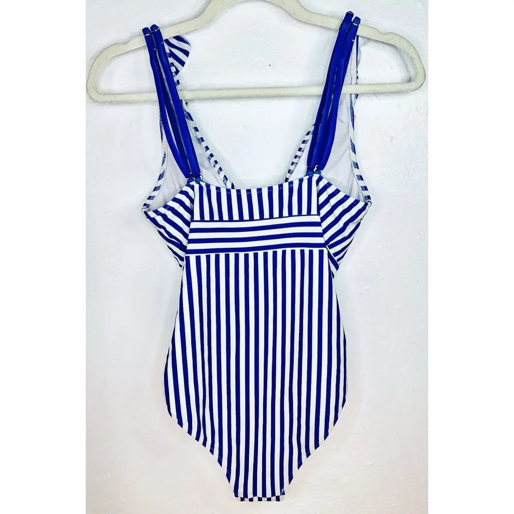 Cupshe Blue And White Stripe Coastal One Piece Swimsuit Small Ruffle Summer